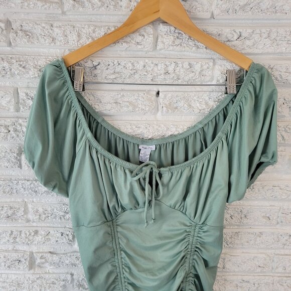 Rue 21 Womens Top XL Crop Green Puff Sleeve On Off Shoulder Ruched GRE23E - Picture 3 of 7